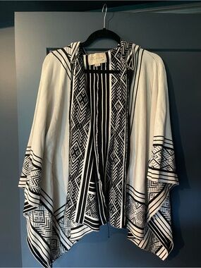 Ethereal Black & White Geometric Hooded Poncho